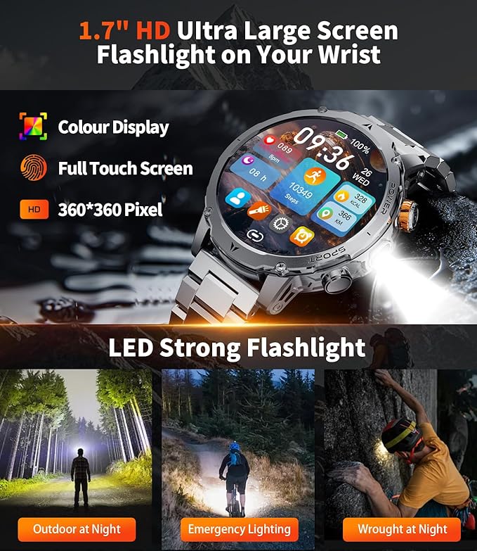 LIGE Smart Watch for Men with 1000mah,1.7" Smartwatch with 100+ Sports Modes,Flashlight,Health Tracker,IP68 Waterproof, Smart Watch for Android iOS Silver