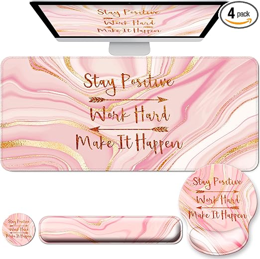 Large Mouse Pad and Keyboard Wrist Rest + Desk Mat Set,Full Long Mouse Pads for Desk Accessories with Memory Foam Gel Pink Mousepad for Women Computer Desktop Office Work-Rose Gold & Pink