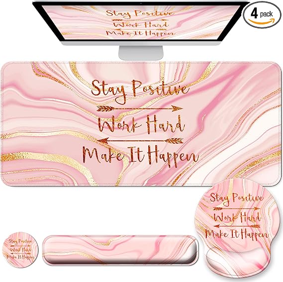 Large Mouse Pad and Keyboard Wrist Rest + Desk Mat Set,Full Long Mouse Pads for Desk Accessories with Memory Foam Gel Pink Mousepad for Women Computer Desktop Office Work-Rose Gold & Pink