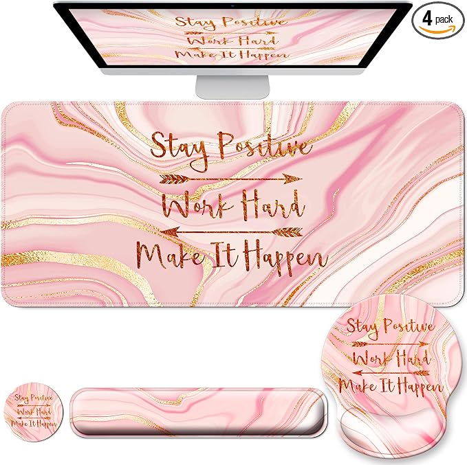 Large Mouse Pad and Keyboard Wrist Rest + Desk Mat Set,Full Long Mouse Pads for Desk Accessories with Memory Foam Gel Pink Mousepad for Women Computer Desktop Office Work-Rose Gold & Pink