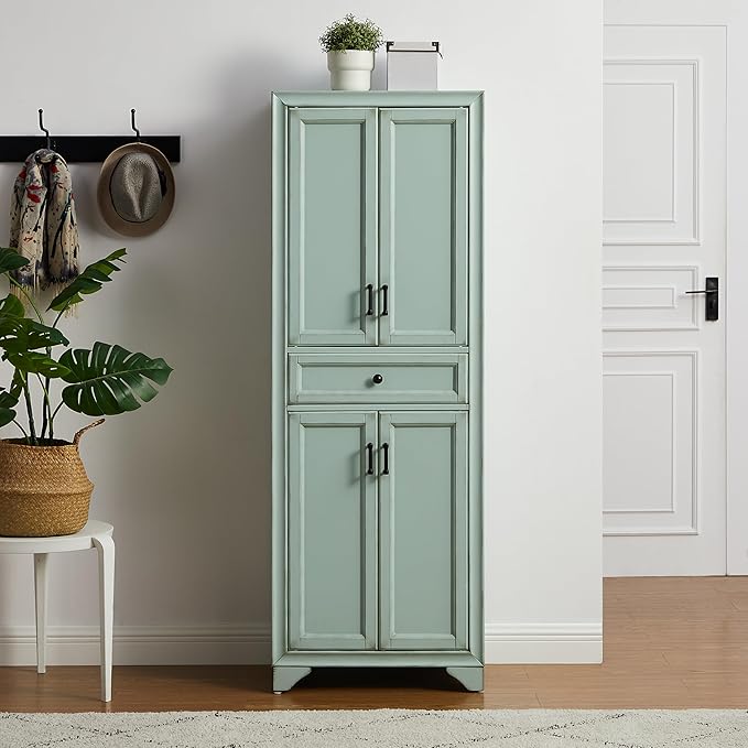 Crosley Furniture Tara Pantry Storage Cabinet with Shelves, Kitchen, Dining, or Laundry Room, Distressed Seafoam Blue