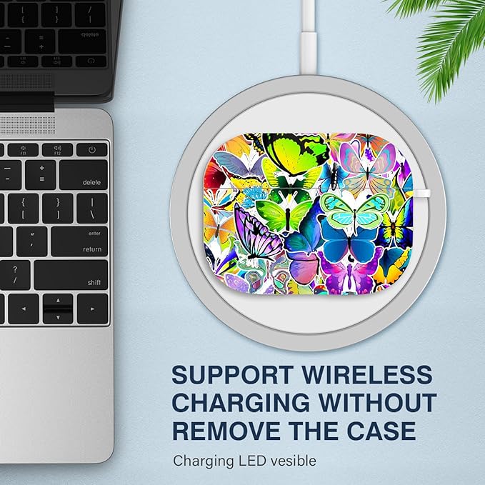 Maxjoy Compatible with AirPods Pro Case Cover, Cute Flowers Soft Protective for AirPod Pro 2019 Charging Case,Purple Green Butterfly Lanyard