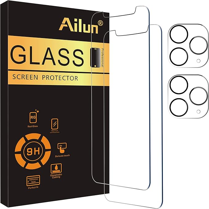 Ailun 2 Pack Screen Protector for iPhone 11 Pro Max [6.5 inch] + 2 Pack Camera Lens Protector, Tempered Glass Film, [9H Hardness] - HD