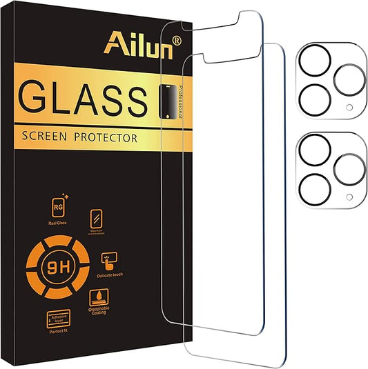 Ailun 2 Pack Screen Protector for iPhone 11 Pro Max [6.5 inch] + 2 Pack Camera Lens Protector, Tempered Glass Film, [9H Hardness] - HD