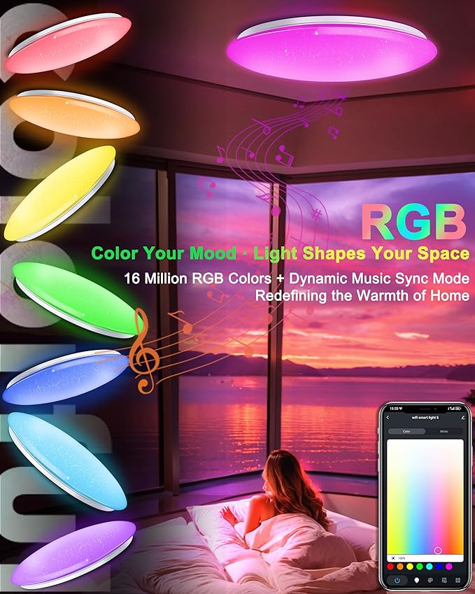 WF-Version LED Ceiling Light with Speaker 50W 16Inch Control via app/Voice/Remote Adjustable Brightness & Color Temperature Ceiling Lamp RGB Ambient Lighting for Bedroom Kids Room and More