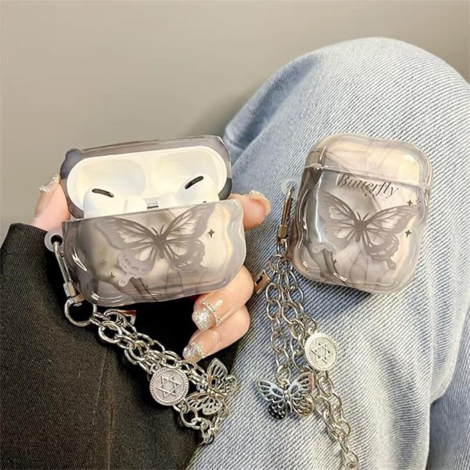 Compatible with AirPod Pro Case Soft with Cleaner Kit Keychain Elegant Butterfly Cover for Girls Women Airpods Pro 2nd/1st Generation-Gray
