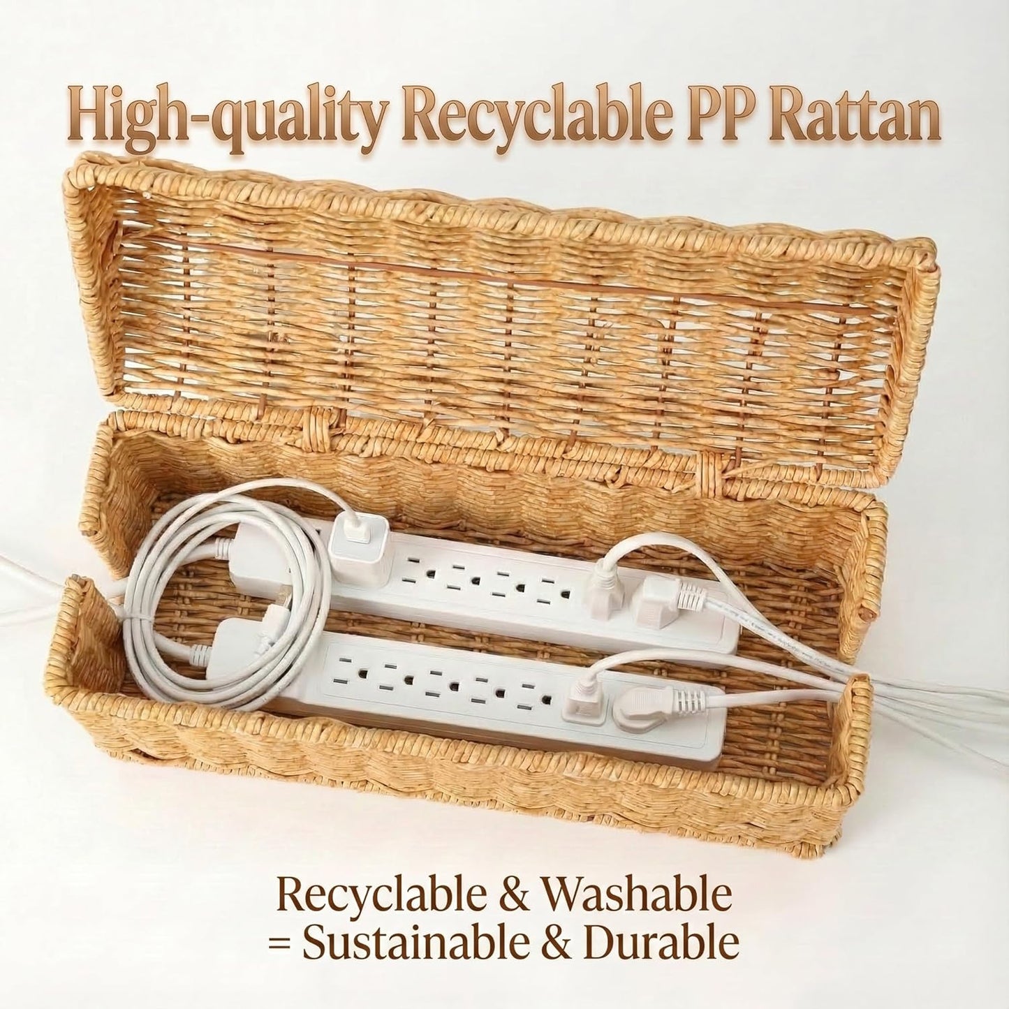 Rattan Cable Management Box — Ventilated Cord Hider with Flip Lid