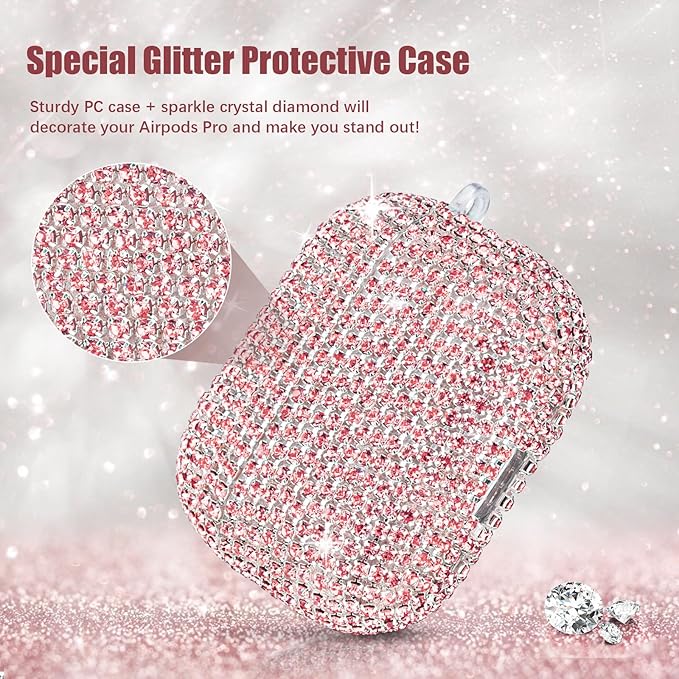 VISOOM Bling Case for Airpods Pro 2nd 1st Generation Case - Jewelry Cute Airpods Pro 1 2 Case Cover with Glitter Keychain Women Crystal Fancy Cases for iPods pro2 1 Wireless Charging Cases-Pink