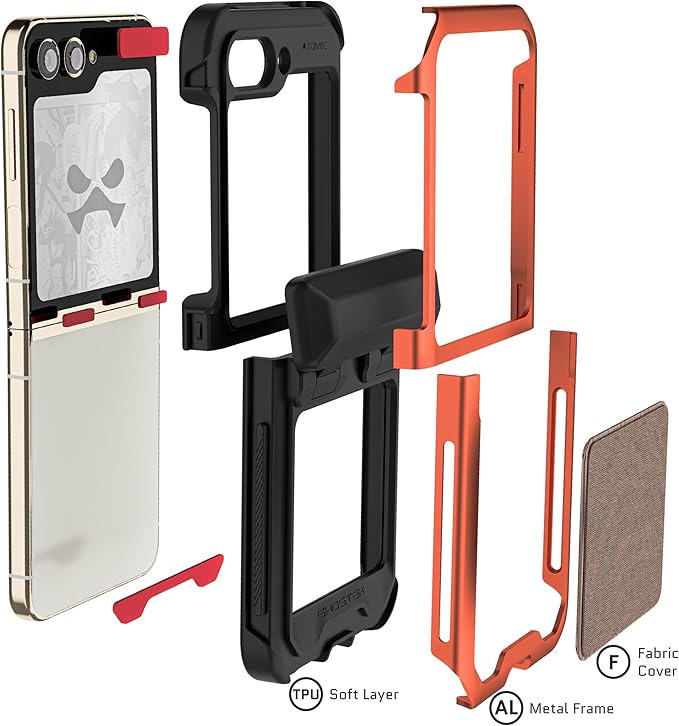 Ghostek Atomic Slim Samsung Z Flip 5 Case - Tan Fabric Back with Orange Metal Bumper, Shockproof & Dual Layer Protective Phone Case, Limited Edition Color for 2023 Galaxy Z Flip 5 Case (6.7") (Orange)