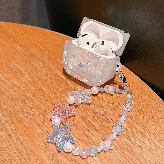 for AirPod 4 Case Cute Dream Shell Pearl Shockproof Protective Cover with Strap Keychain Compatible for AirPods 4th Generation for Women Girls (Colored Stars)