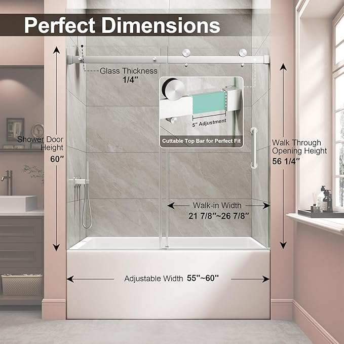 Frameless Bathtub Shower Door, Tub Sliding Door with Nano Coating & Safety Film, 1/4" (6mm) SGCC Tempered Glass，Adjustable 55"-60" W x 60" H, Brushed Nickel
