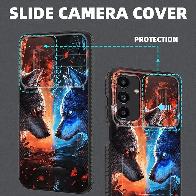 for Galaxy A15 5G Case Built in Slide Camera Lens Cover,Heavy Duty Shockproof Protection Dual Layer Case for Samsung Galaxy A15 5G 6.5 inch 2024,Cool Wolf