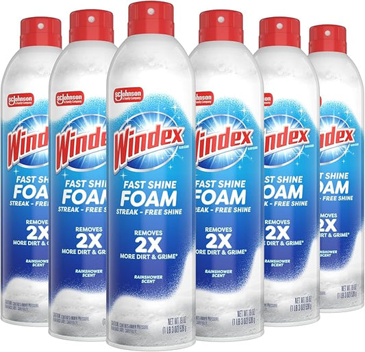Windex Fast Shine Foam Glass Cleaner Supplies, No-Drip Window & Mirror Aerosol Spray, Streak-Free, Removes Fingerprints, Dust, & Dirt, 19 oz (Pack of 6)