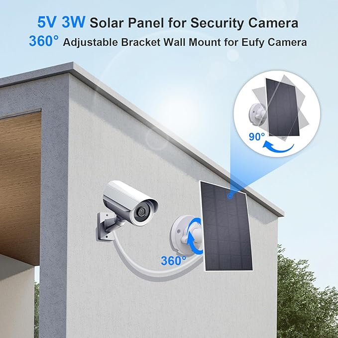 5V 3W Waterproof Solar Panel(2Pack) for Security Camera with 3.5MM Male and Elbow Cables & Type-C-Female Head & Micro-Female Head & Female to Female Cable, 360° Adjustable Wall Mount for Eufy Camera