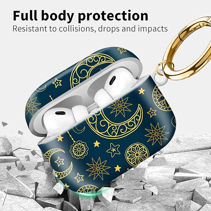 Compatible with Airpod pro 2nd/1st Generation Case Cover with Gold Round Keychain Cute Pattern Hard & Anti Slip Cover for Men Women & Girls（Abstract Moon）