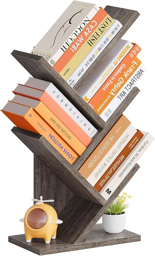 Hoctieon 4 Tier Tree Bookshelf, 4 Shelf Bookcase, Free Standing Tree Bookcase, Display Floor Standing Shelf for Books, Book Organizer Shelves for Home Office, Living Room, Bedroom, Grey