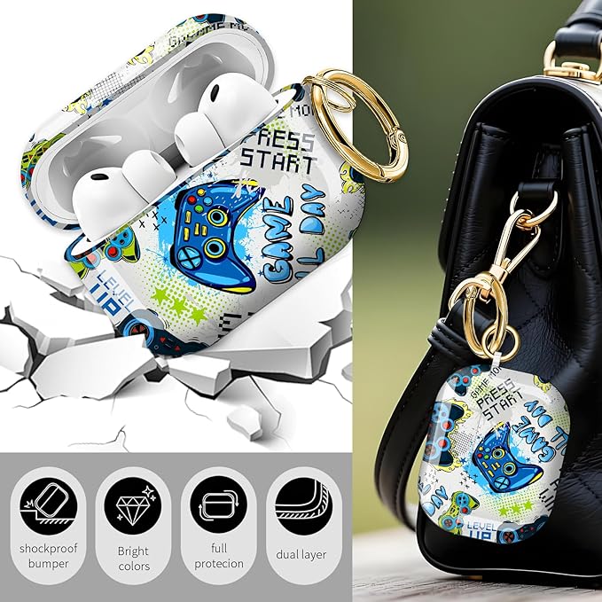 Cute Hard Case Compatible with AirPods Pro 3rd Generation Case (2025), Shockproof Protective Cover with Golden Keychain Ring Clip (Blue Game Pattern)