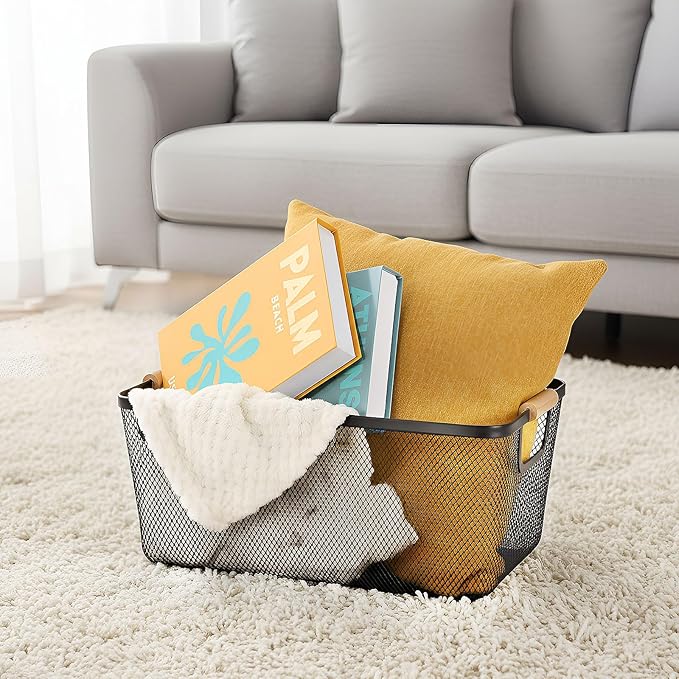 4 Pcs Metal Wire Basket with Wooden Handles Mesh Steel Storage Organizer Bin Containers for Home Cabinet Pantry Closet Kitchen Fridge Fruit Makeup Snacks Gifts (Extra Large,Black)