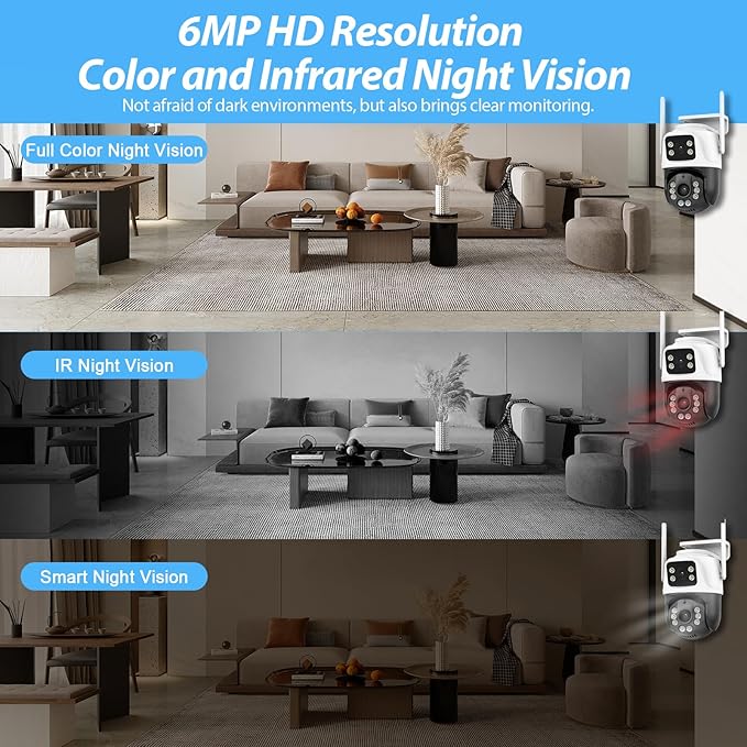 TOWODE 6MP Security Camera Outdoor 360°PTZ Surveillance System Dual Lens Linkage 2.4Ghz 24/7 Record IP66 WiFi Camera for Home Security with Motion Detection, Color Night Vision,Two-Way Audio（2Pack）