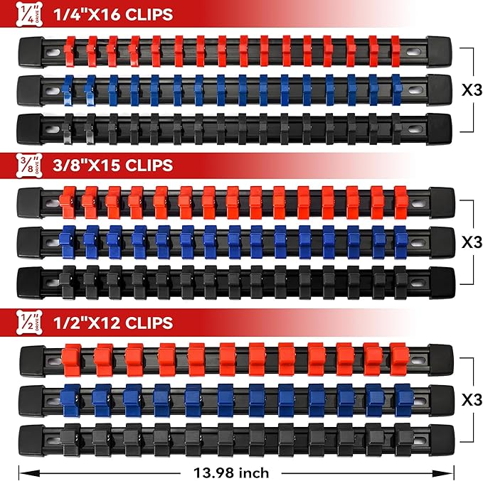 ALOANES 27PC ABS Socket Organizer, Socket Rails Fit 1/2 inch, 3/8 inch and 1/4 inch Drive, Heavy Duty Socket Holders Hold up to 387 Sockets, Black Rails with Red, Blue and Black Clips
