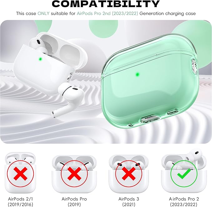 for Airpods Pro 2nd/1st Generation Case Cover, Compatible with Airpods Pro Case 2nd Gen USB C Charging Port, Clear Soft Transparent Military Grade Shockproof Case, Clear Green