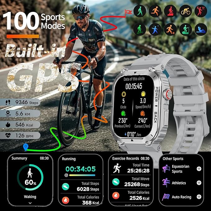 Military GPS Smart Watch for Men Pressure/Altitude/Compass,Fitness Smart Watch for Android Phones and iPhone,Outdoor Waterproof Fitness Tracker with Blood Oxygen/Heart Rate/Sleep/100+ Sport Modes
