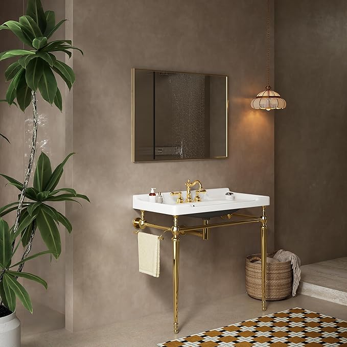36" Bathroom Console Sink, Wall-Mounted White Ceramic Vanity Basin with 3 Pre-drilled Faucet Holes, Freestanding Gold Stainless Steel Support Legs with Towel Bar, No Faucet - Rome, White
