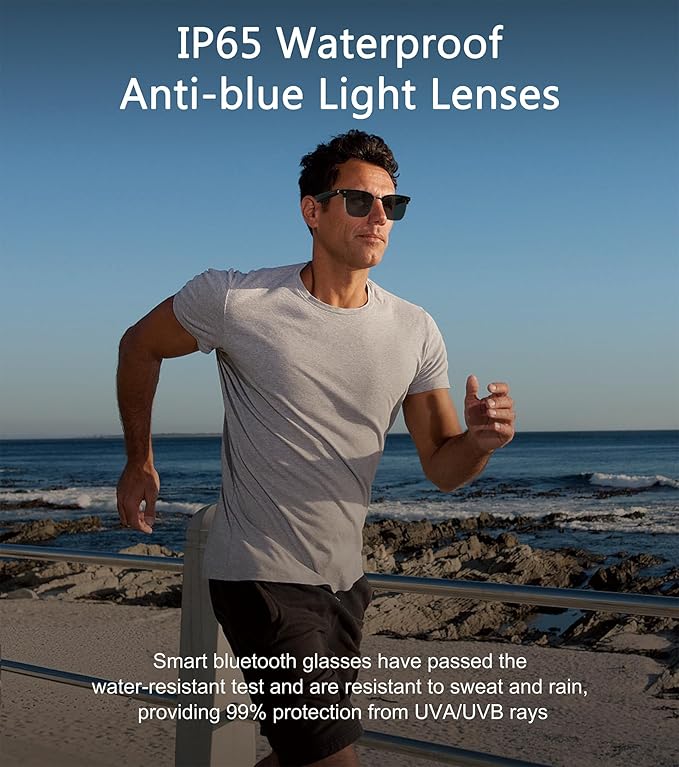 Smart Glasses, Bluetooth 5.4 Sunglasses for Men & Women with Open Ear Speaker, Voice Assistant Compatible, Blue Light Filter & UV Pretection Lenses for Android/iOS, Half Frame Sunglasses, Black