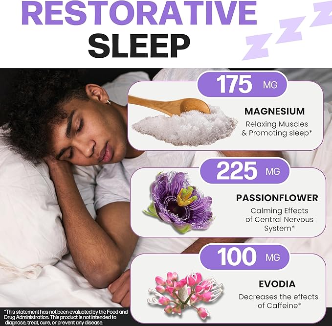 Life Happns Melatonin-Free Sleep Aid for Adults – Triple Magnesium, L-Theanine, Passionflower & Evodia for Deep, Restorative Sleep & Waking Refreshed | Non-Habit-Forming Natural Sleep Relaxation