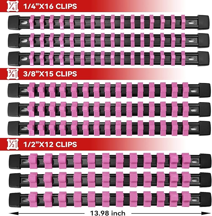 ALOANES 9PC ABS Socket Organizer, Socket Rails Fit 1/2 inch, 3/8 inch and 1/4 inch Drive, Heavy Duty Socket Holders Hold up to 129 Sockets, Black Rails with Pink Clips