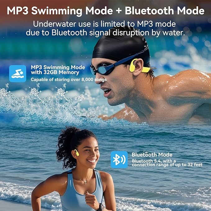 Swimming Headphones IP68 Waterproof, Open Ear Bone Conduction Underwater Headphones Bluetooth 5.4& MP3 with 32GB Memory Card, Soft/Skin/Lightweight Sound Swim Earbuds-SurfAudio(Green