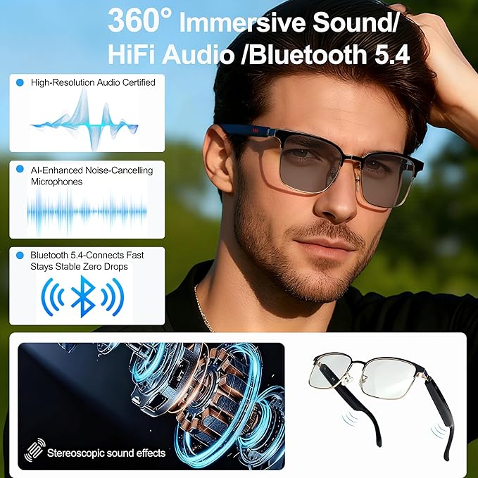 AI Smart Wireless Bluetooth Translation Glasses for Men/Women with Speakers/Bluetooth&140+ Languages Translation Sports/Travel/Drive/Busniess (G6+AI+Color Change Lenses+Silver)