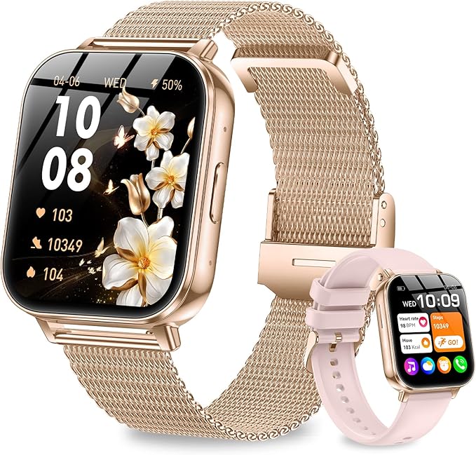 Smart Watch for Women, 1.83" HD Touch Screen Smartwatch, 1000mAh Battery, Bluetooth Calling, Heart Rate, SpO2, Sleep Monitor, 120+ Sports, IP68 Waterproof, 2 Bands Compatible iPhone Android, RoseGold