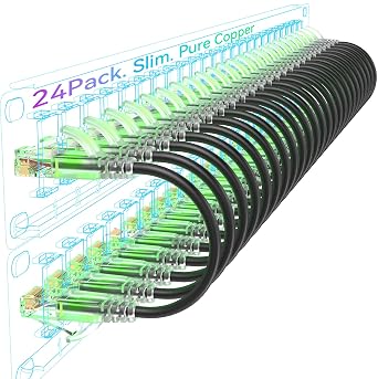 Sokqovt Cat6a Patch Cables Slim 0.5ft (24 Pack), Flexible Cat6 Ethernet Cable 10G 550MHZ, 28AWG Pure Copper Cat 6 Patch Cable for Network Cabinet, Cat 6 Cable Black