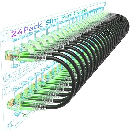 Sokqovt Cat6a Patch Cables Slim 0.5ft (24 Pack), Flexible Cat6 Ethernet Cable 10G 550MHZ, 28AWG Pure Copper Cat 6 Patch Cable for Network Cabinet, Cat 6 Cable Black