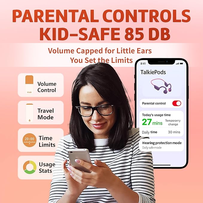 Kids Bluetooth Headphones, Air Conduction Open-Ear Headphones, Mic/Touch, 85dB Limit, Parental Control, Clear Audio, Lightweight, Rugged & Durable, IP54/20H, Earbuds for School/Travel - Red Yellow
