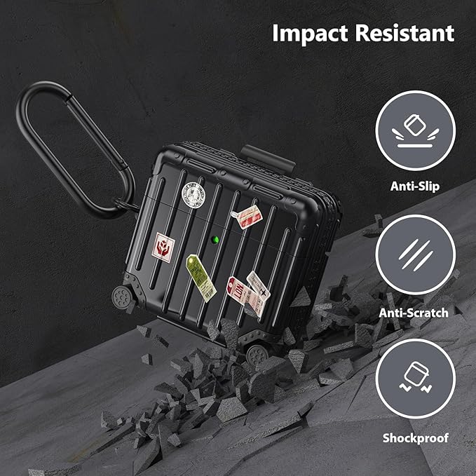 Filoto Compatible with Airpods 4 Case, Cute Fashion Suitcase Design for Airpods 4th Generation Case Cover, Shockproof Protective Hard Case with Keychain/Cleaner Kit (Black, Airpods 4 Case)
