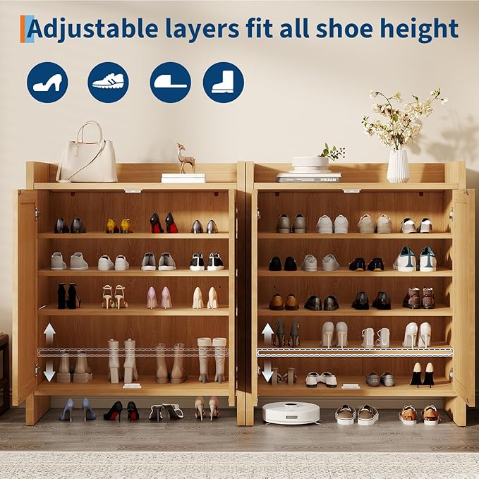 Garvee Rattan Shoe Cabinet for Entryway, Wooden Shoe Rack Freestanding Storage Cabinet with Adjustable Shelves for Living Room Hallway, Dark Oak