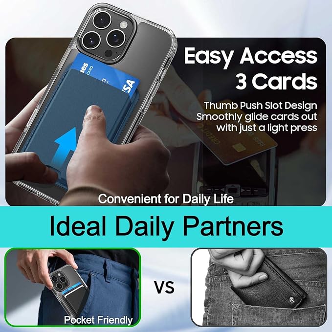 Magnetic for iPhone 14 Pro Clear Case with Blue Card Holder, Compatible with MagSafe, Slim Shockproof Phone Cover with Detachable Wallet, Built-in Magnet Ring