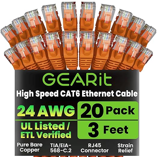 GEARit Cat 6 Ethernet Cable (20-Pack 3 Feet) Cat6 Network Patch, 10Gbps, RJ45, Snagless Cord, Gold-Plated Connectors, Internet for PC, TV, Tablet, Router, Printer, Servers, IT Data Center - Orange