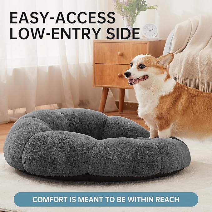 OhGeni 31 inches Calming Donut Orthopedic Dog & Cat Bed for Medium Pets, Warming Comfort Fluffy Short Pile Fur, Durable Waterproof Machine Washable Removable Cover, Round Bed for Puppy, Dark Gray