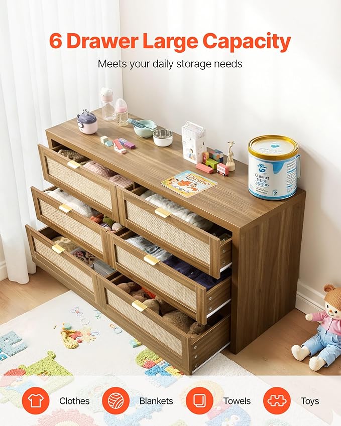 VEVOR Large Dresser for Bedroom, 57" Wide Rattan Dresser 6 Drawer, Wooden Modern Dressers Chest of Drawers with Metal Handle, Clothes Closet Storage Organizer Boho TV Stand for Living Room, Walnut Oak