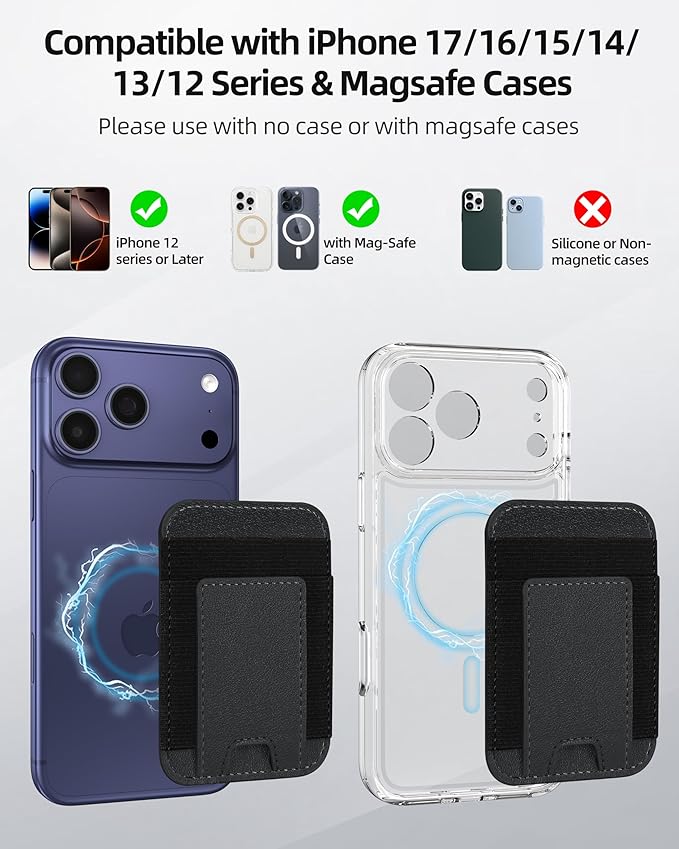 ExtreLife Upgraded for Magsafe Wallet, Strongest Magnetic Wallet for iPhone 17/16/15/14/13/12 Series, 7 Cards Holder, Magnetic Phone Wallets, Slim, 2 Card Slots, RFID Blocking, Vegan Leather, Black