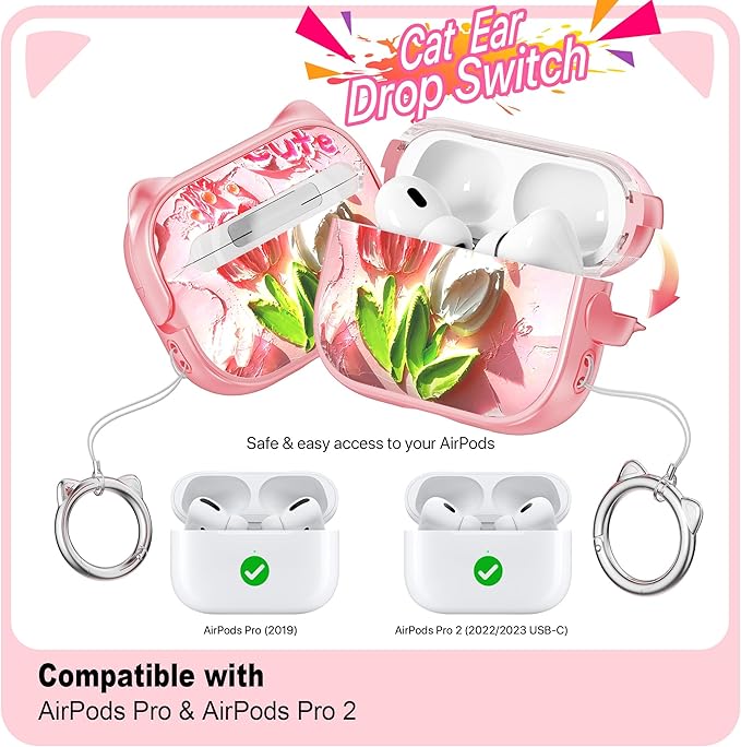 RFUNGUANGO AirPods Pro Case for Women Girly Cat Case with Lock, Phone Stand, Keychain & Cleaner Kit, Compatible with Apple Airpods Pro 2nd/1st Generation Case Cover, Pink Tulip