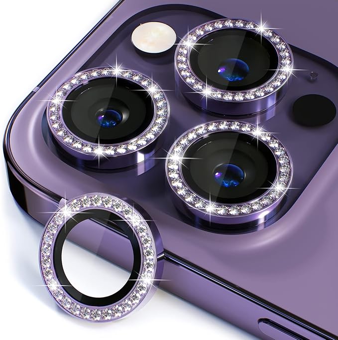 Misea [3+1] for iPhone 14 Pro/iPhone 14 Pro Max Camera Lens Protector Bling, 9H Tempered Glass Camera Cover Screen Protector Metal Individual Ring Protector Decoration Accessories, Purple Diamond