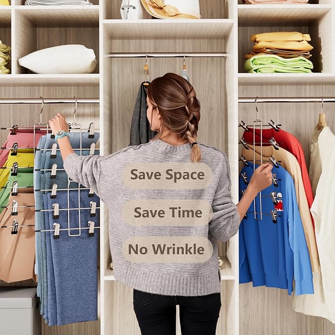 2Pack Pants & Skirt Hangers Space Saving Hanging Closet Organizer and Storage, Upgrade Skirt Hangers with Clips and 360° Swivel Hook -Closet Storage