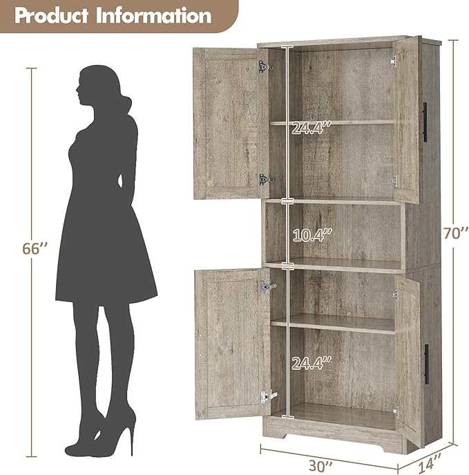 IDEALHOUSE Pantry Cabinet,70" Tall Kitchen Pantry Cabinet with Doors and Adjustable Shelves, Freestanding Cupboard, Tall Storage Cabinet for Bathroom, Dining Room, Living Room，Gray