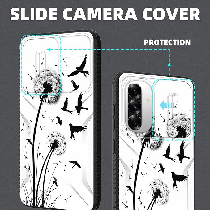 for Galaxy A36 5G/A56 5G Case Built in Slide Camera Lens Cover,Heavy Duty Shockproof Protection Dual Layer Case for Samsung Galaxy A36 5G/A56 5G 6.7" 2025,Dandelions and Birds