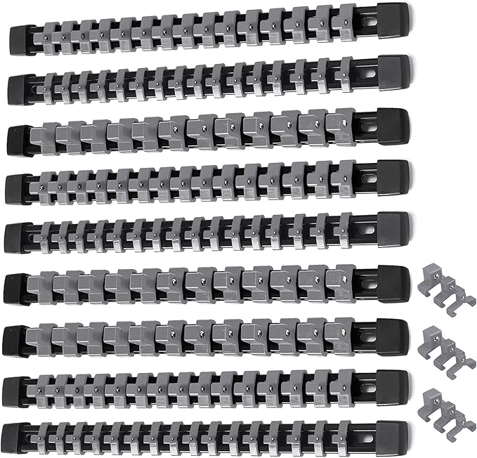 ALOANES 9PC ABS Socket Organizer, Socket Rails Fit 1/2 inch, 3/8 inch and 1/4 inch Drive, Heavy Duty Socket Holders Hold up to 129 Sockets, Black Rails with Grey Clips