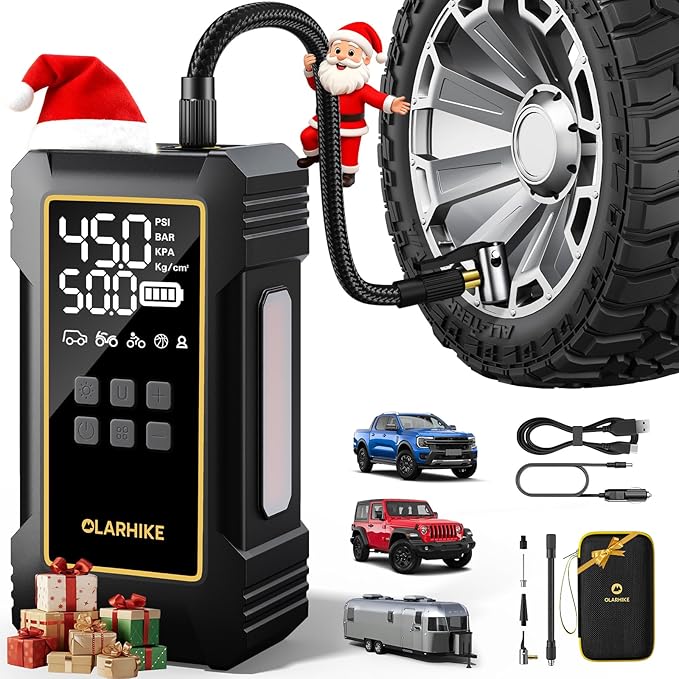 OlarHike Powerful 12000mAh Heavy Duty Tire Inflator Portable Air Compressor, 150PSI Dual Power 12V&Cordless Air Pump for Car Tires, Pickup Trucks, Jeeps, SUVs & RVs. Digital Pressure Gauge & LED Light